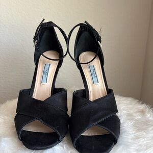 Prada Black Suede Crisscross Open-Toe Ankle Strap Heels